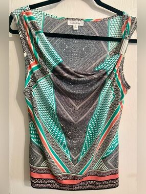 Calvin Klein Green and Pink Patterned Cowl Neck Camisole